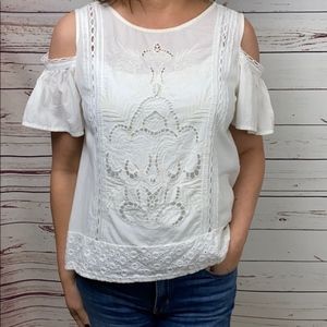 Zara Basic White Embroidered Cold Shoulder Top